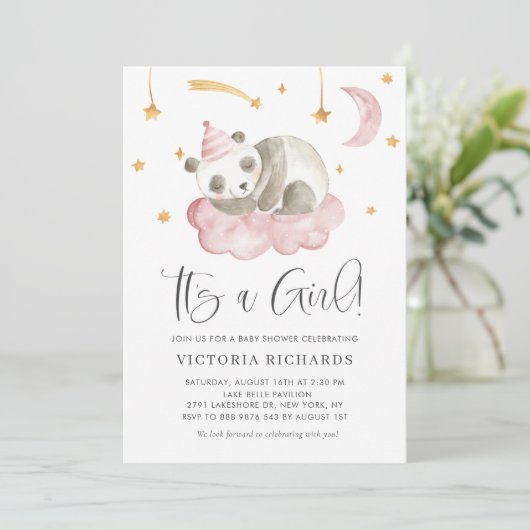 Invitation Panda couché mignonne rose C'est un Baby shower fi (Debout devant)