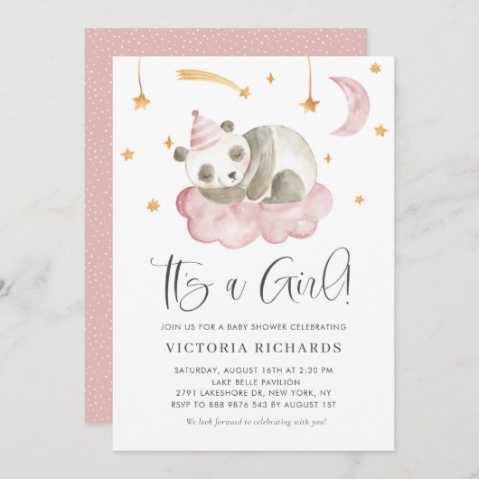 Invitation Panda couché mignonne rose C'est un Baby shower fi (Devant / Derrière)