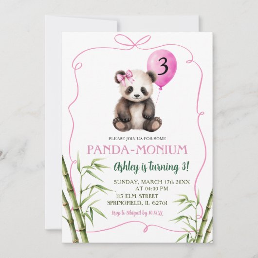 Invitation Panda de fille rose dessinée à la main avec son ar (Devant)