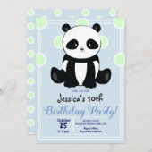 Invitation Panda fête d'anniversaire et Pois bleus (Devant / Derrière)