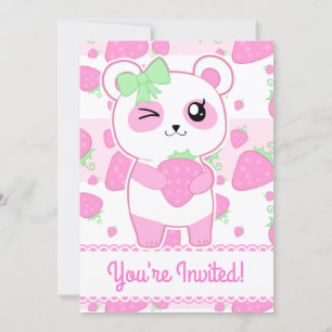 Invitation Panda mignonne aux fraises roses