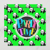 Invitation Panda mignonne ; Vert néon, noir et blanc (Devant / Derrière)