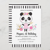 Invitation Panda Rose mignonne Filles 1er anniversaire (Devant / Derrière)