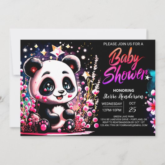 Invitation Panda rose Ours Whimsy Baby shower fille (Devant)