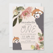 Invitation Panda Rouge rose Fille Florale 1er anniversaire (Devant)