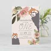 Invitation Panda Rouge rose Fille Florale 1er anniversaire (Debout devant)
