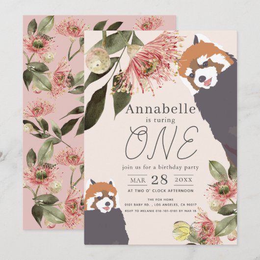 Invitation Panda Rouge rose Fille Florale 1er anniversaire (Devant / Derrière)