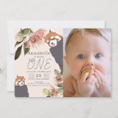 Invitation Panda Rouge rose Fille Florale 1er Anniversaire Ph (Devant)