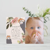 Invitation Panda Rouge rose Fille Florale 1er Anniversaire Ph (Debout devant)