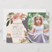 Invitation Panda Rouge rose Fille Florale Photo Anniversaire (Devant)