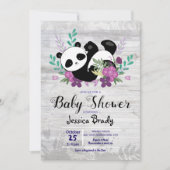 Invitation Panda rustique en bois avec Baby shower de fleurs (Devant)