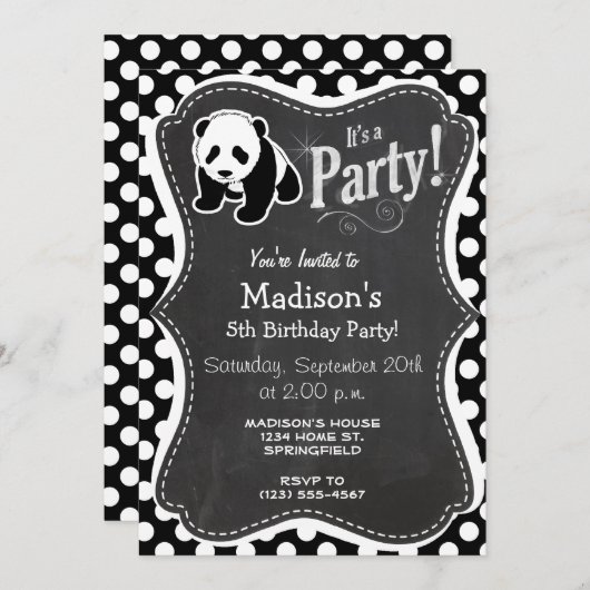 Invitation Panda sur les Pois noirs et blancs (Devant / Derrière)