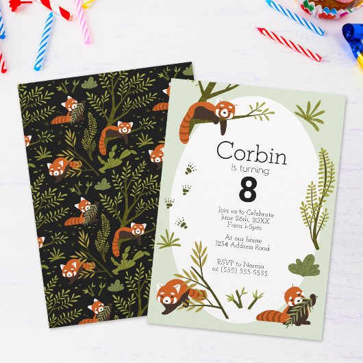 Invitation Pandas rouges dans la forêt Anniversaire noir