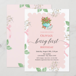 Invitation Panier aquarelle fraise Feuilles 1er Anniversaire
