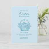 Invitation Panier bébé bleu pour brunch de Pâques et chasse a (Debout devant)