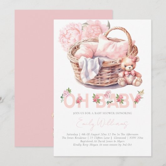 Invitation Panier bébé Floral Élégant Baby shower (Devant / Derrière)