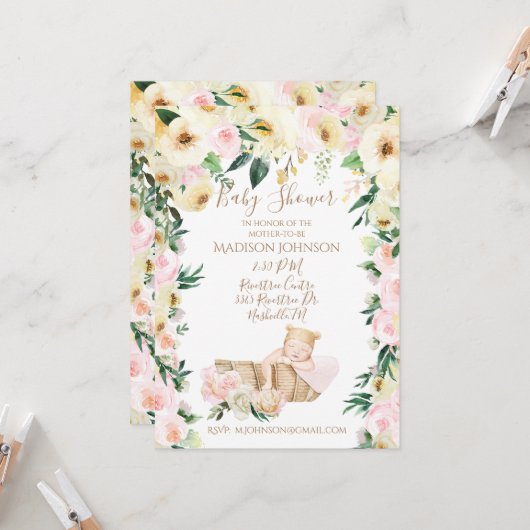 Invitation Panier bébé mignonne Baby shower floral (Devant/Arrière en situation)