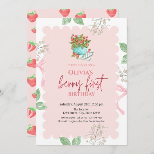 Invitation Panier d'aquarelle Fraises 1er anniversaire (Devant / Derrière)