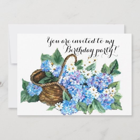 Invitation Panier de fête d'anniversaire avec hydrangées bleu (Devant)