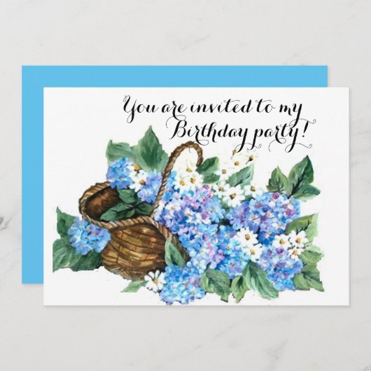 Invitation Panier de fête d'anniversaire avec hydrangées bleu (Devant / Derrière)