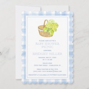 Invitation Panier de fleurs d'hortensia à gingham bleu feston