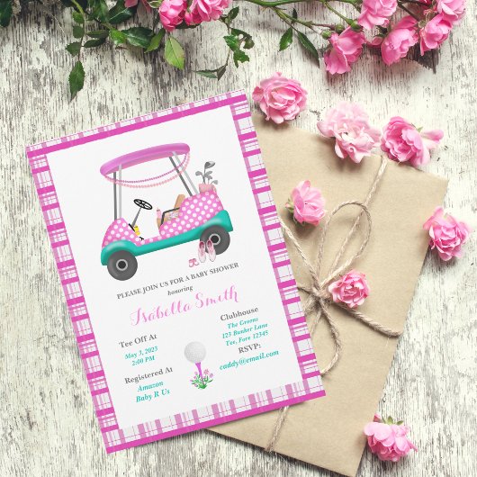 Invitation Panier de golf rose avec fournitures pour bébé Bab