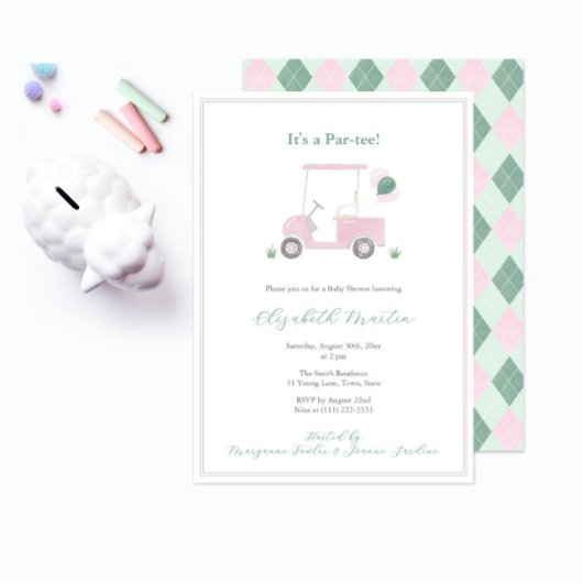 Invitation Panier de golf rose et vert classe Baby Girl Douch