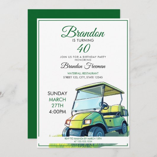 Invitation Panier de golf vert et blanc vibrant 40e anniversa (Devant / Derrière)