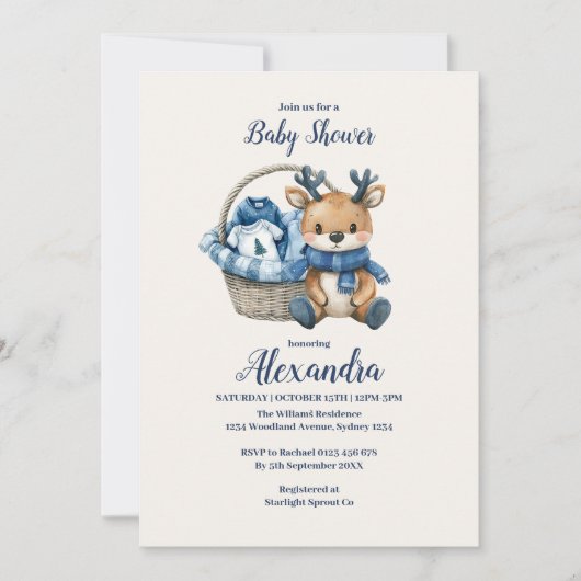 Invitation Panier de rennes bleus Baby shower (Devant)