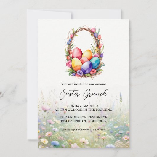 Invitation Panier d'oeufs d'aquarelle moderne Brunch de Pâque (Devant)
