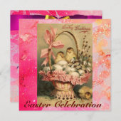 INVITATION PANIER ÉLÉGANT, POULET, FLEURS ET OEUFS DE PÂQUES (Devant / Derrière)