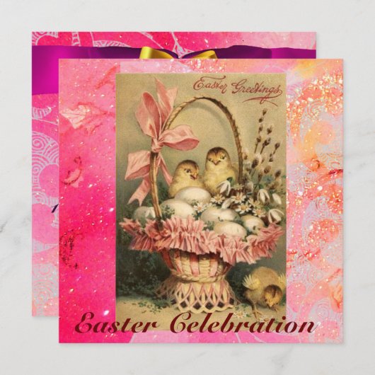 INVITATION PANIER ÉLÉGANT, POULET, FLEURS ET OEUFS DE PÂQUES (Devant / Derrière)