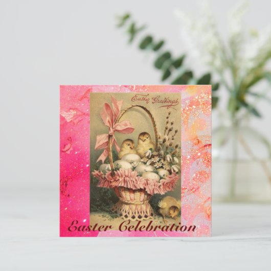 INVITATION PANIER ÉLÉGANT, POULET, FLEURS ET OEUFS DE PÂQUES (Debout devant)