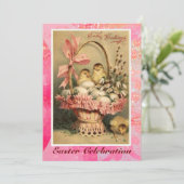 INVITATION PANIER ÉLÉGANT, POULET, FLEURS ET OEUFS DE PÂQUES (Debout devant)