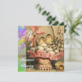 INVITATION PANIER ÉLÉGANT, POULET, FLEURS ET OEUFS DE PÂQUES (Debout devant)