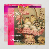 INVITATION PANIER ÉLÉGANT, POULET, FLEURS ET OEUFS DE PÂQUES (Devant / Derrière)