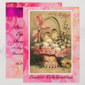 INVITATION PANIER ÉLÉGANT, POULET, FLEURS ET OEUFS DE PÂQUES (Devant / Derrière)