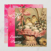 INVITATION PANIER ÉLÉGANT, POULET, FLEURS ET OEUFS DE PÂQUES (Devant / Derrière)
