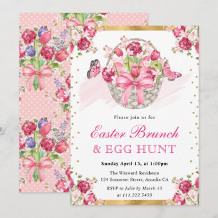 Invitation Panier floral rose et papillons Brunch de Pâques
