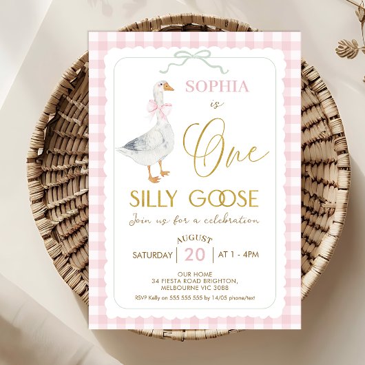 Invitation Panier rose désuet une oie sotte 1er anniversaire