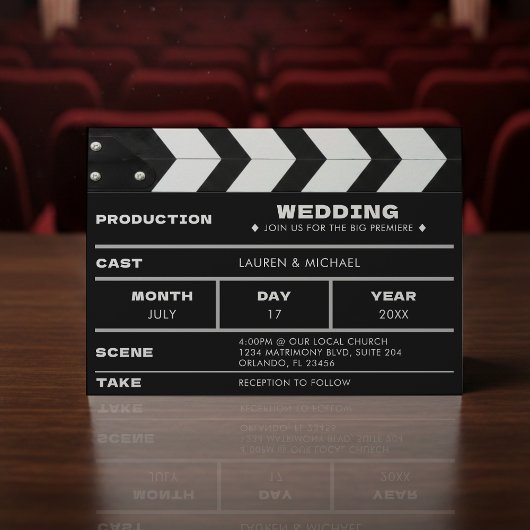 Invitation Panneau de clap de mariage cinématographique