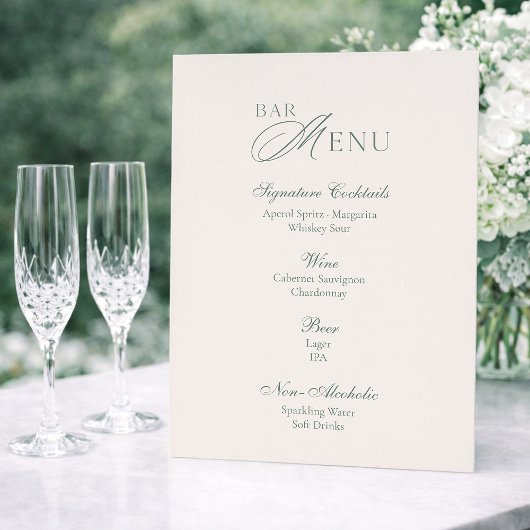 Invitation Panneau de menu de bar de mariage vert sauge minim