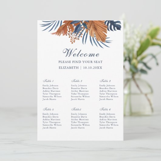 Invitation Panneau de mousse pour plan de table Monstera bleu (Debout devant)