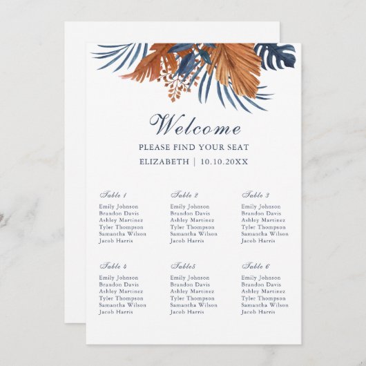 Invitation Panneau de mousse pour plan de table Monstera bleu (Devant / Derrière)