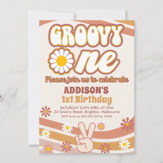 Invitation Panneau de Paix Retro Daisies Super un 1er anniver (Devant)