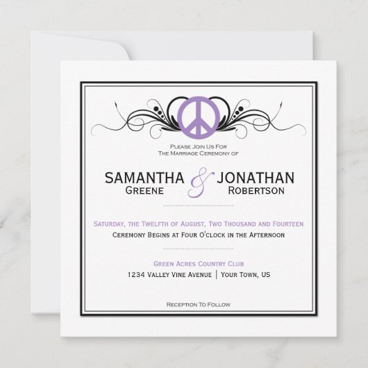 Invitation Panneau de Paix Violet Flèches Noires Mariage blan (Devant)