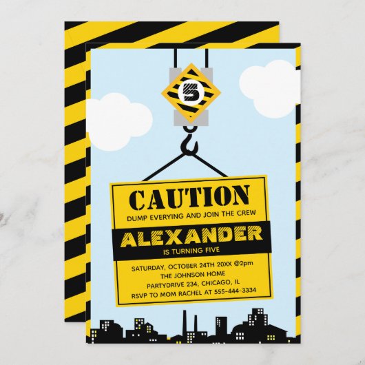 Invitation Panneau de prudence de construction Boy Fête d'ann (Devant / Derrière)