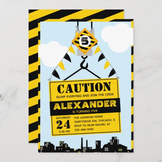 Invitation Panneau de prudence de construction Boy Fête d'ann (Devant / Derrière)