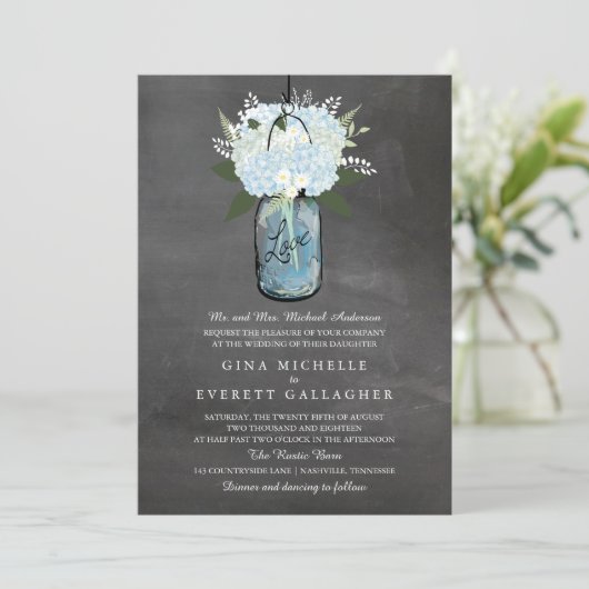 Invitation Panneau de signalisation bleu Hydrangea Mason Jar (Debout devant)