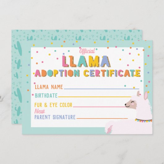Invitation Panneau du certificat d'adoption de Llama (Devant / Derrière)